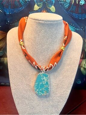 Boho, Festival Concert Turquoise “Dandelion” Bandana Scarf on Terracotta Bandana